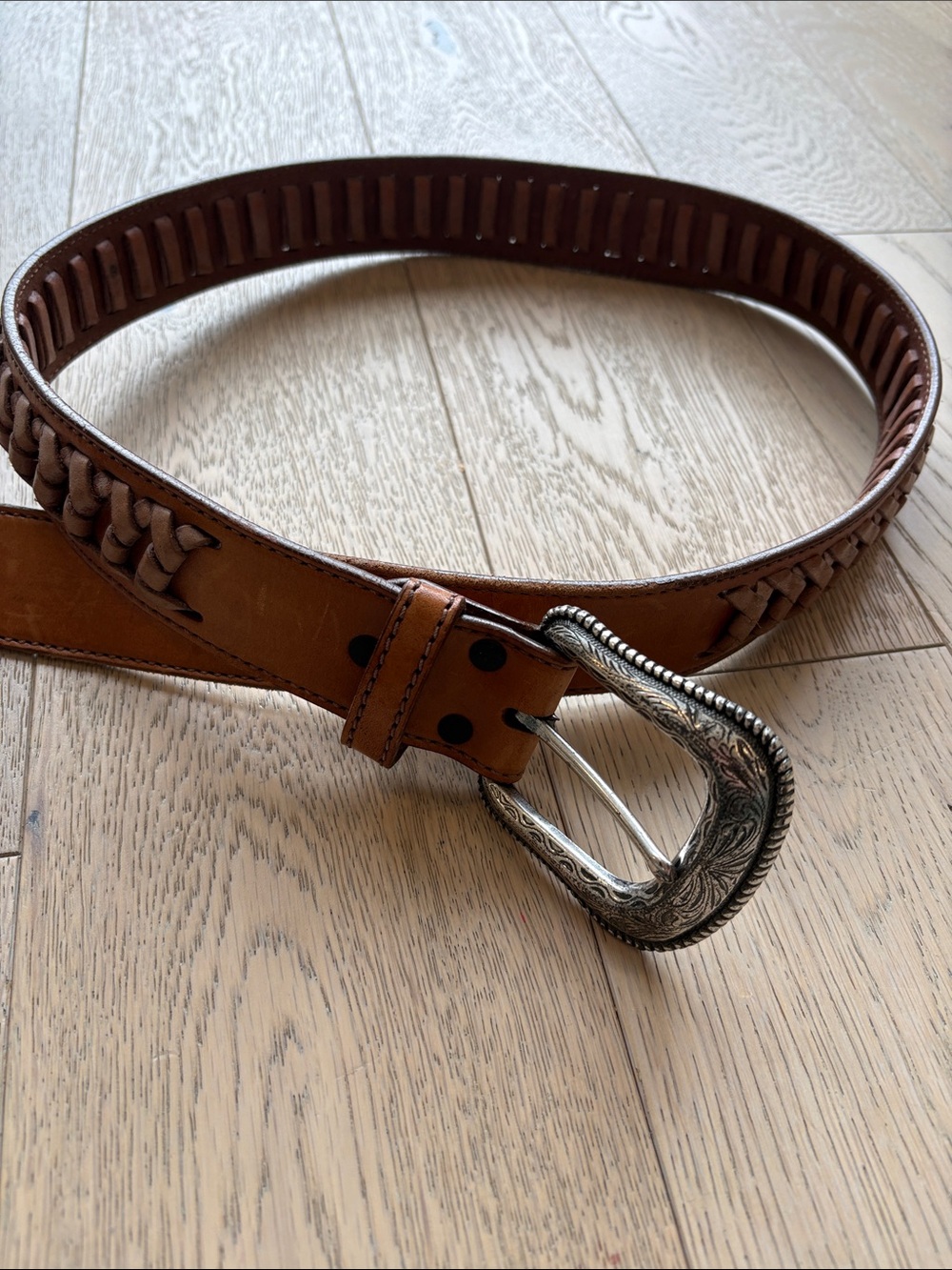Wrangler Braided Leather Belt in Tan with Antiqued Silver Buckle Size 32